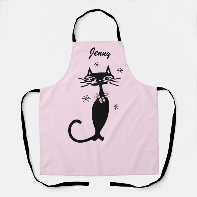 Delantal de cocina Retro Atómico Gato Negro (Anverso)