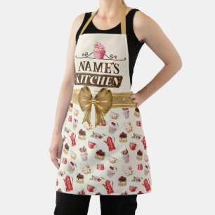 Delantal de cocina y cupcake rosa con acuarela de 