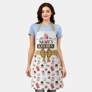 Delantal de cocina y cupcake rosa con acuarela de