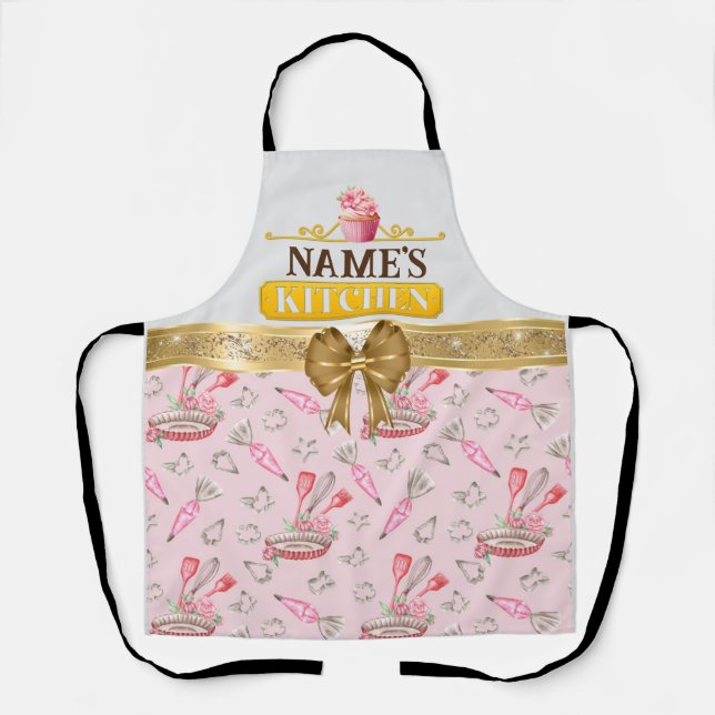 Delantal de cocina y cupcake rosa con acuarela de  (Anverso)