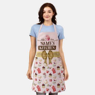 Delantal de cocina y cupcake rosa de acuarela con 
