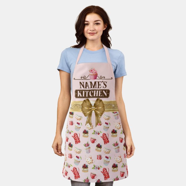 Delantal de cocina y cupcake rosa de acuarela con  (Gastado)