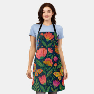 Delantal de flores silvestres y mariposas mexicana
