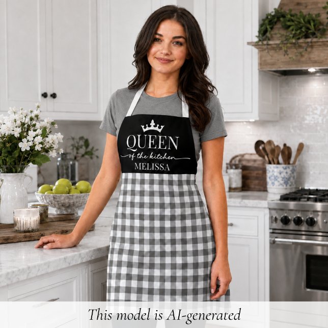 Delantal de Gingham Rústico Reina de la Cocina (elegant black and white gingham Queen of the Kitchen apron, christmas or birthday gift for mom)