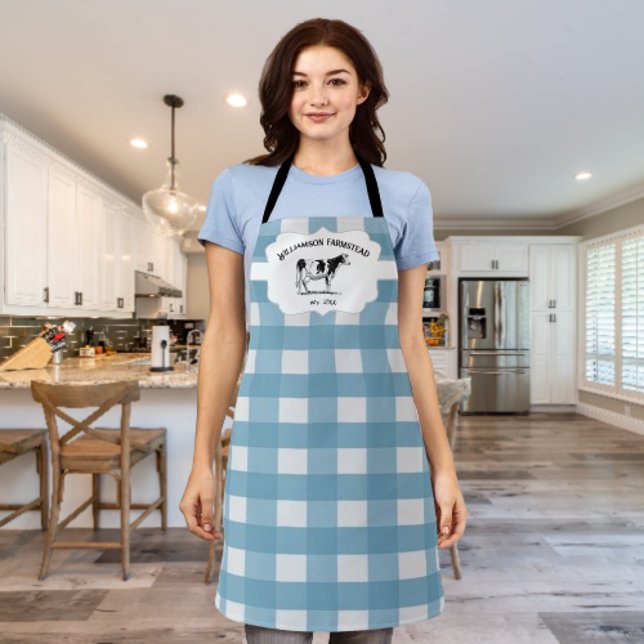 Delantal de granja a cuadros vaca Blue Buffalo (Blue Buffalo Plaid Farm Cow Personalized Apron)