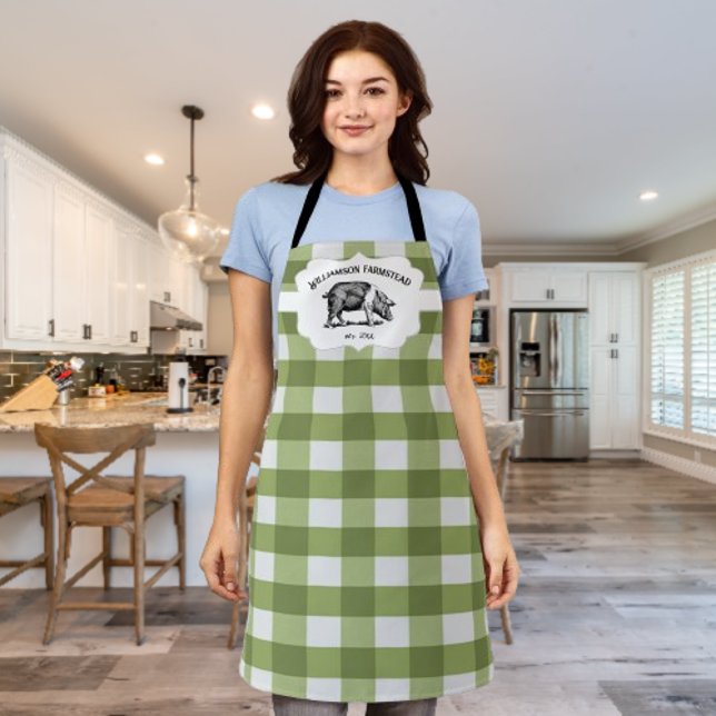 Delantal de granja de cerdo a cuadros Green Buffal (Green Buffalo Plaid Farm Pig Personalized Apron)