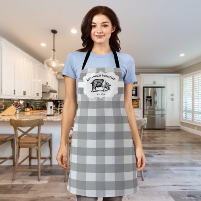 Delantal de granja de cerdo a cuadros gris búfalo (Gray Buffalo Plaid Farm Pig Personalized Apron)