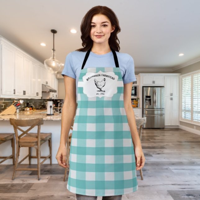 Delantal de granja de pollo a cuadros búfalo verde (Teal Buffalo Plaid Farm Chicken Personalized Apron)