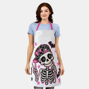 Delantal de Halloween con esqueleto de cráneo rosa