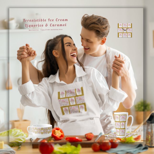 Delantal de Helado Irresistible con Regaliz y Cara (Irresistible Ice Cream Liquorice & Caramel Apron, Clock, Tray & Mugs by Poet Adiela Akoo. BUY NOW!)