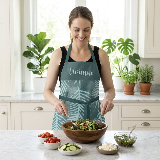 Delantal de hoja tropical boho azul personalizado  (Teal Boho Tropical Leaf Apron Custom Name Monogram)