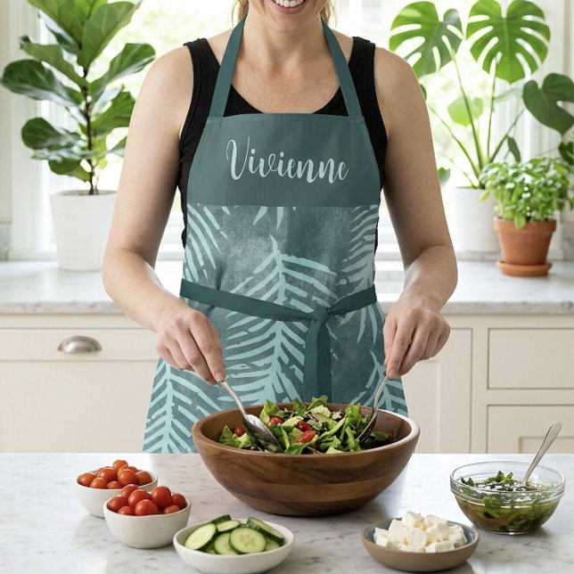 Delantal de hoja tropical boho azul personalizado  (Teal Boho Tropical Leaf Apron Custom Name Monogram)