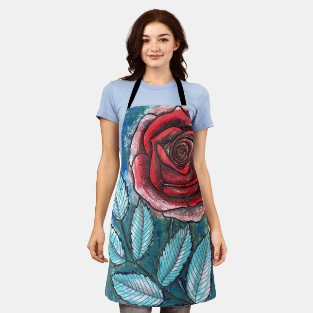 Delantal de Hojas de Turquesa con Rosa Roja Expres (Gastado)