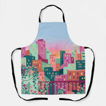 Delantal de horizonte urbano en fucsia y menta – C