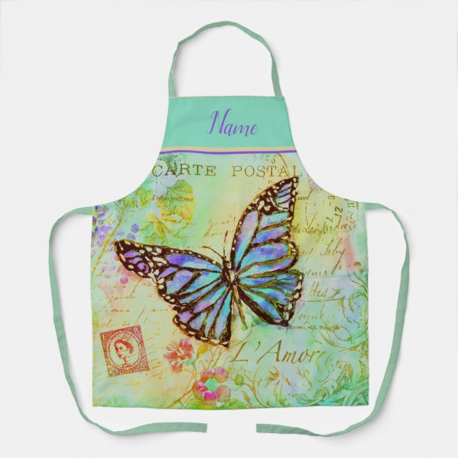 Delantal de mariposa verde azulado y morado (Anverso)