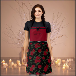 Delantal de Moda Jardín de Rosas Rojo y Negro Chic