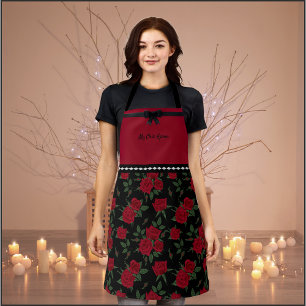 Delantal de Moda Jardín de Rosas Rojo y Negro Chic