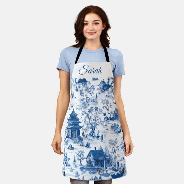 Delantal de Navidad Personalizado Chinoiserie Azul (Gastado)