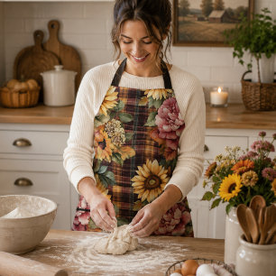 Delantal de Plaid Floral y Girasoles de Otoño en A