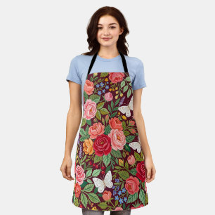 Delantal de rosas botánicas abstractas y mariposas