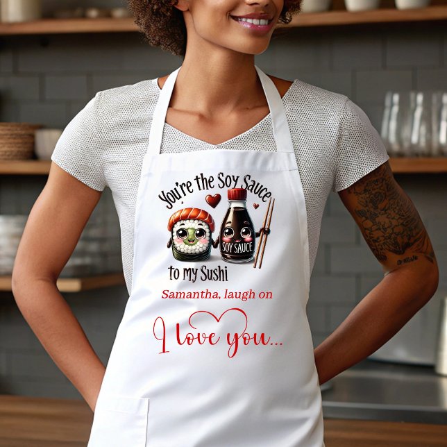 Delantal de San Valentín con Nombre Personalizado  (Custom Name Cartoon Food Love Valentine Apron)