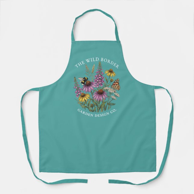 Delantal de té azul abeja y mariposa botánicos (Anverso)