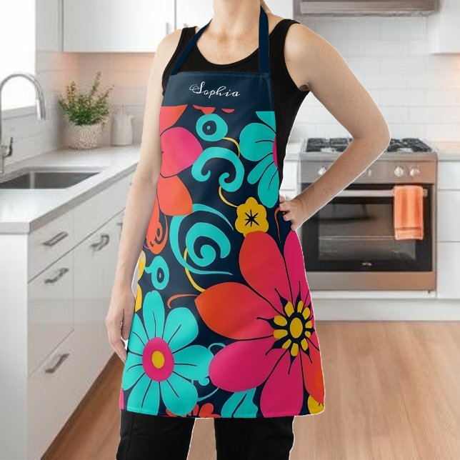 Delantal Decoración de dopamina- Flores Funky Brillantes-Re (Dopamine Decor– Bright Funky Flowers-Retro Apron)