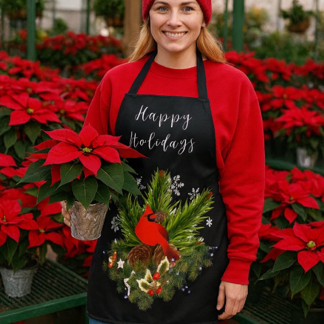 Delantal Decoración Navideña Verde Navidad Negra (Festive Red Cardinal bird Christmas / winter holiday apron for her)