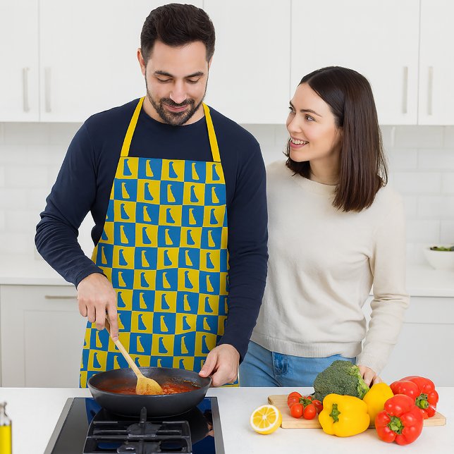 Delantal Delaware Checkerboard Blue Yellow Gold Pattern (An apron with a blue and yellow gold pattern featuring the US state of Delaware.)