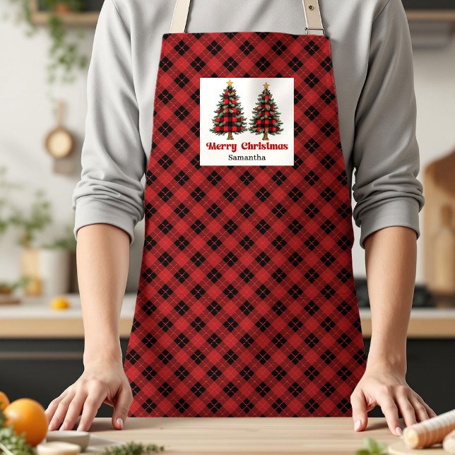 Delantal Delightful Buffalo Plaid Trees Personalized Xmas (Delightful Buffalo Plaid Tree Personalized Xmas Apron Gift)