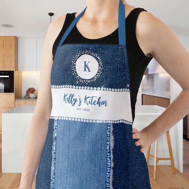 Delantal Denim Diamonds Blue Country Personalizado Monogram (denim diamonds apron personalized gift bridal bachelorette mom grandma hostess country western chic)