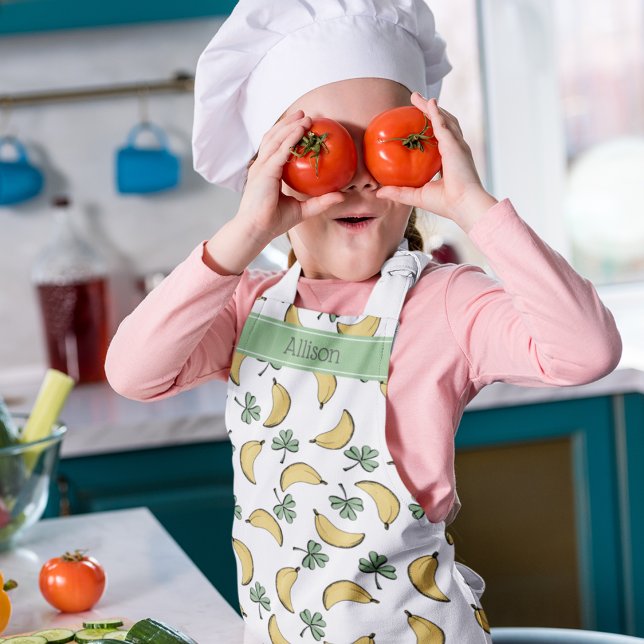 Delantal Día de los Patrocinadores, vete a la banana y tien (St Patrick's Day Go Bananas & Get Lucky Kids Apron. HandDrawn Green Lucky Shamrocks & Yellow Bananas)