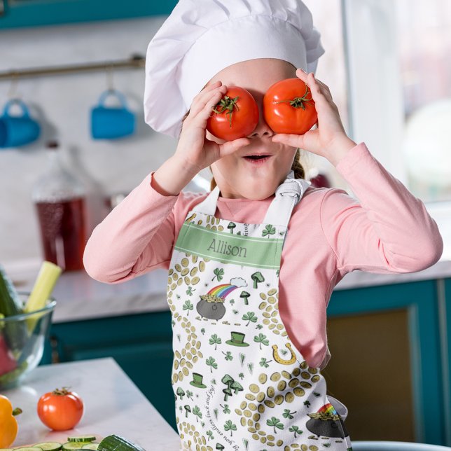 Delantal Día de Santo Patrocinador Verde Afortunado Arcoiri (Cute St Patrick's Day Pattern. Rainbow & Pot of Gold, Lucky Shamrocks, Horseshoe, Gold Coins & More!)