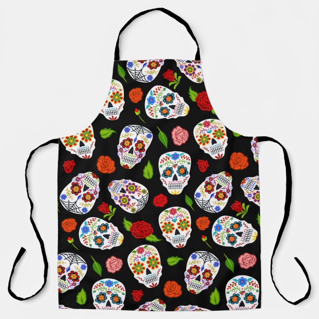 Delantal Dia Los Muertos: patrón de cráneos de azúcar. (Anverso)