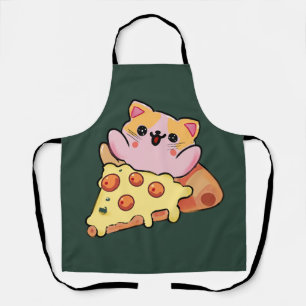 Delantal Dibujo animado de gato Kawaii abrazando pizza de p