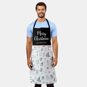 Delantal Dibujo Caprichoso a Mano Navidad Rosa Negro