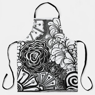 Delantal Dibujo con patrón floral Zen en blanco y negro