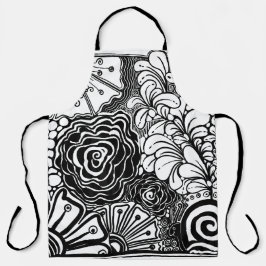 Delantal Dibujo Floral Zen blanco y negro con estampado