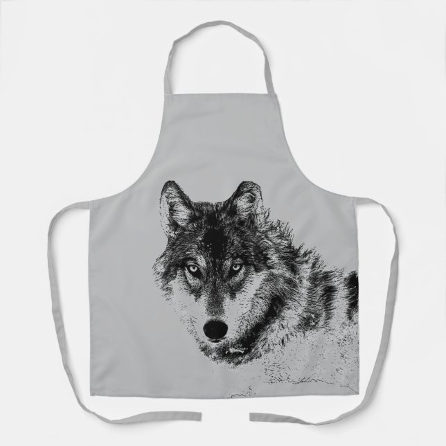 Delantal Dibujo gráfico de boceto de lobo gris (Anverso)