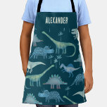 Delantal Dinosaurio personalizado<br><div class="desc">Montones de dinosaurios azules,  Tyrannosaurus rex,  Spinosaurus,  Stegosaurus,  Diplodocuments y Triceratops sobre un fondo verde verde azulado oscuro. Cambie el nombre a personalizar. Arte original de Nic Squirrell.</div>