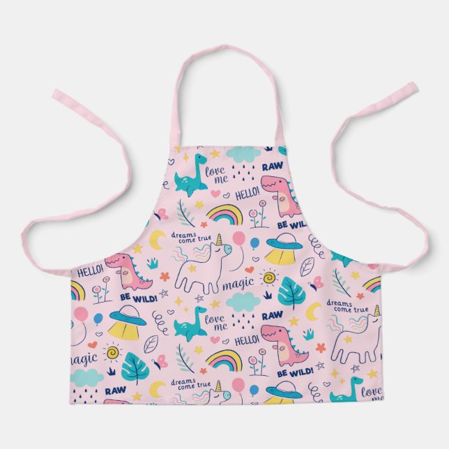 Delantal Dinosaurios rosados Unicornio Chicas arcoiris (Anverso)