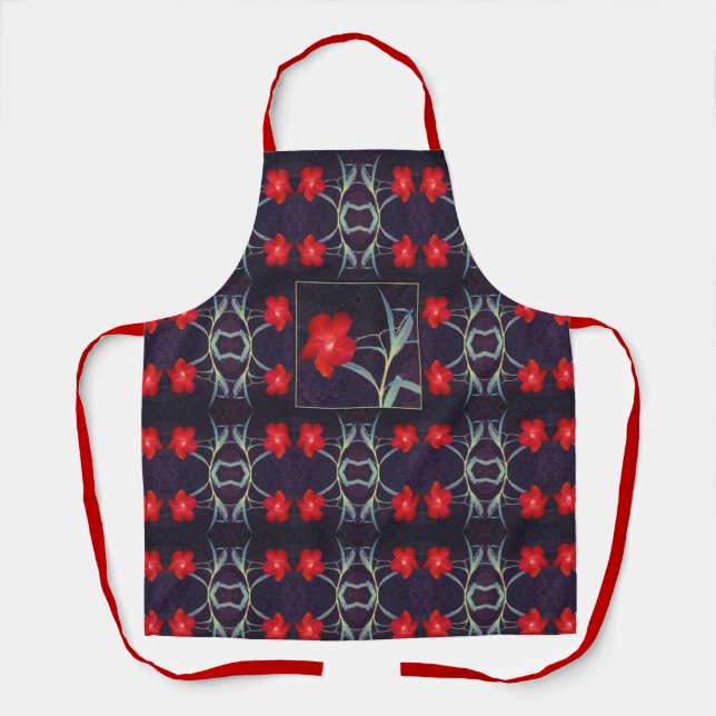 Delantal Diseño con Flores Rojas y Hojas (Anverso)
