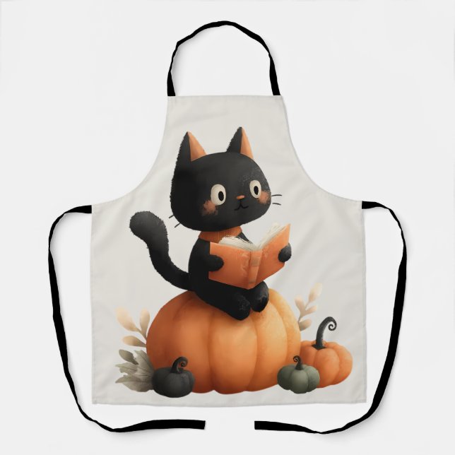 Delantal Diseño de calabaza para gato negro de Halloween (Anverso)