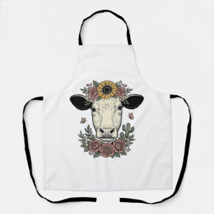 Delantal diseño de grabado vintage de cabeza de vaca floral