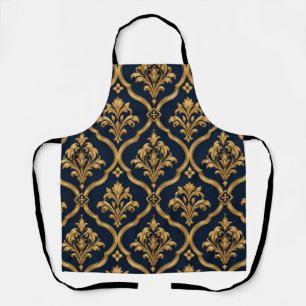 Delantal Diseño de Motivo Vintage de Damasco Dorado y Azul