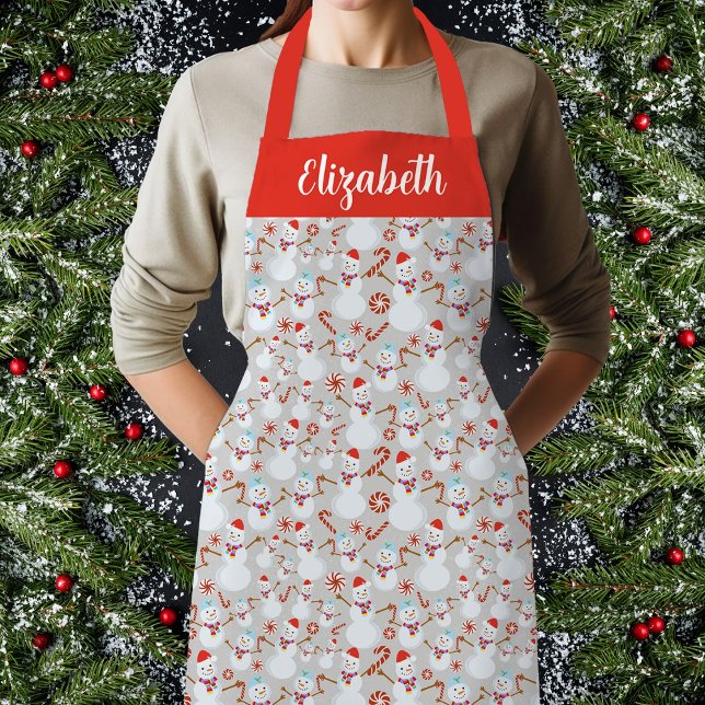 Delantal Diseño de Navidades de candy cane con menta de pim (Snowman Christmas Peppermint Candy Cane Candies Apron, Customize, Personalize.)