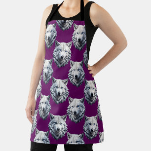 Delantal Diseño de patrón de cabeza de lobo blanco púrpura