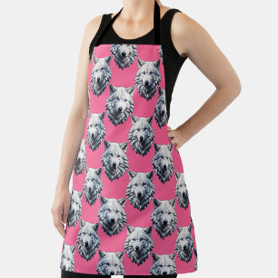 Delantal Diseño de patrón de cabeza de lobo blanco rosa