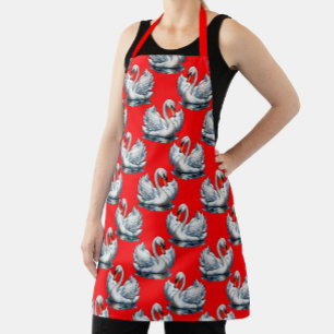 Delantal Diseño de patrón de cisnes sobre rojo