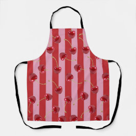 Delantal Diseño de raya roja y rosa con cerezas